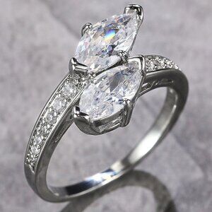 😍GORGEOUS 14K WHITE GOLD TWISTED DOUBLE MARQUIS TRENDY FASHION RING, K912